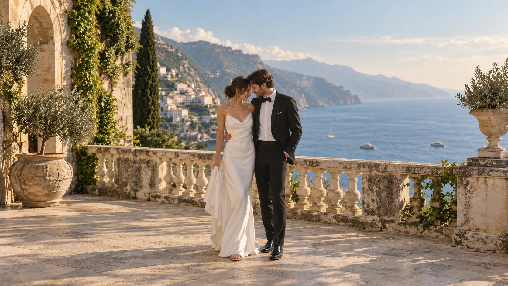 A bride and groom gently touching foreheads on a coastal terrace in the afternoon light